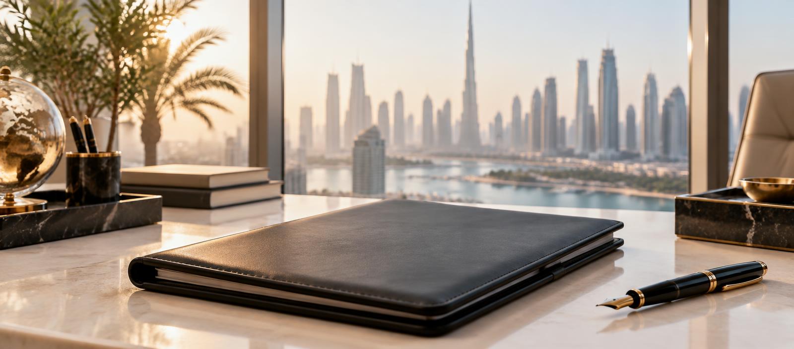 Premium investment portfolio and pen overlooking Dubai